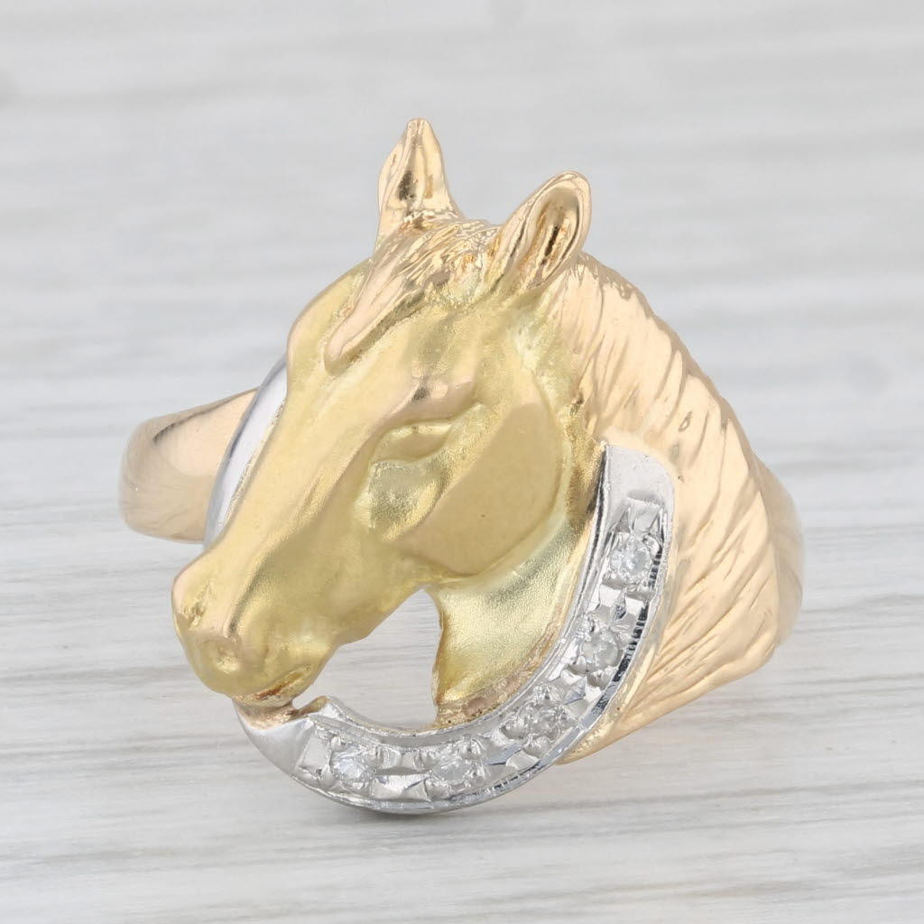 Light Gray Diamond Accented Horse Ring 18k Yellow Gold 900 Platinum Size 6.25