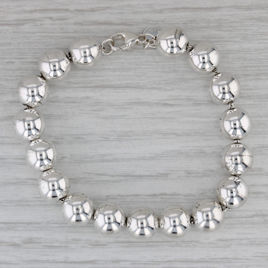 Dark Gray Tiffany & Co Bead Bracelet w/ Pouch Sterling Silver 6.5" 9.7mm