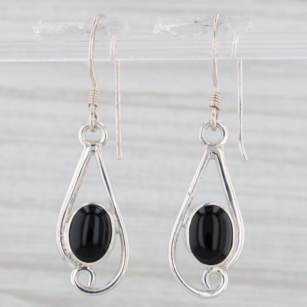 Light Gray Onyx Oval Cabochon Dangle Earrings Sterling Silver Hook Posts