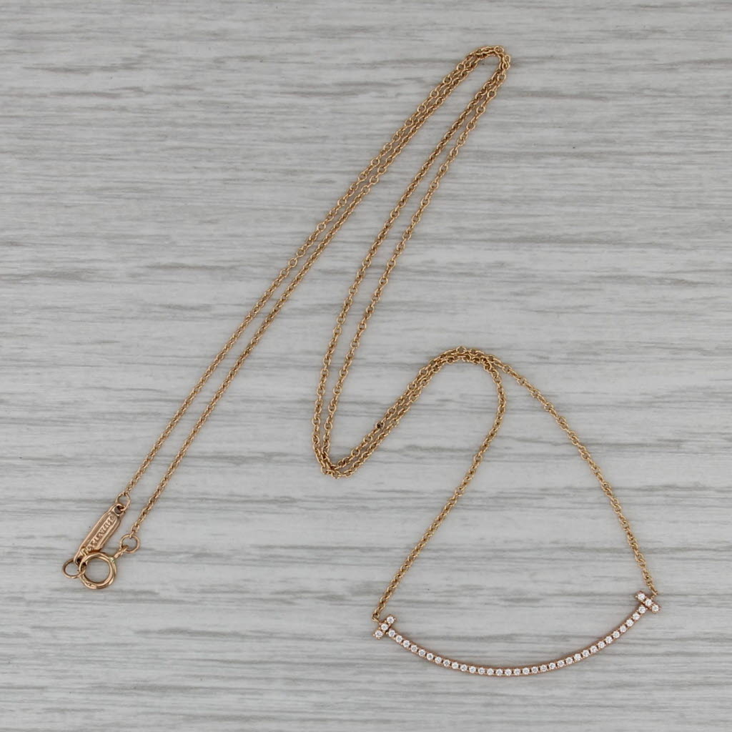 Tiffany 0.20ctw Diamond T Smile Necklace w/ Pouch 18k Rose Gold Cable Chain
