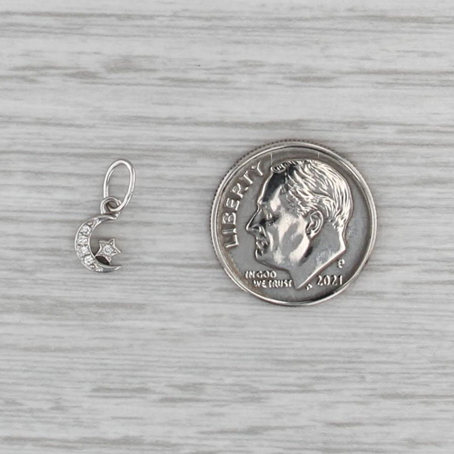 Tiny Diamond Crescent Moon Star Charm 14k White Gold Small Drop Pendant