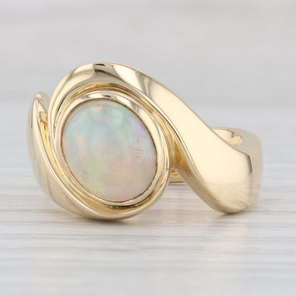 Light Gray Opal Solitaire Ring 18 Yellow Gold Oval Cabochon Size 6.75