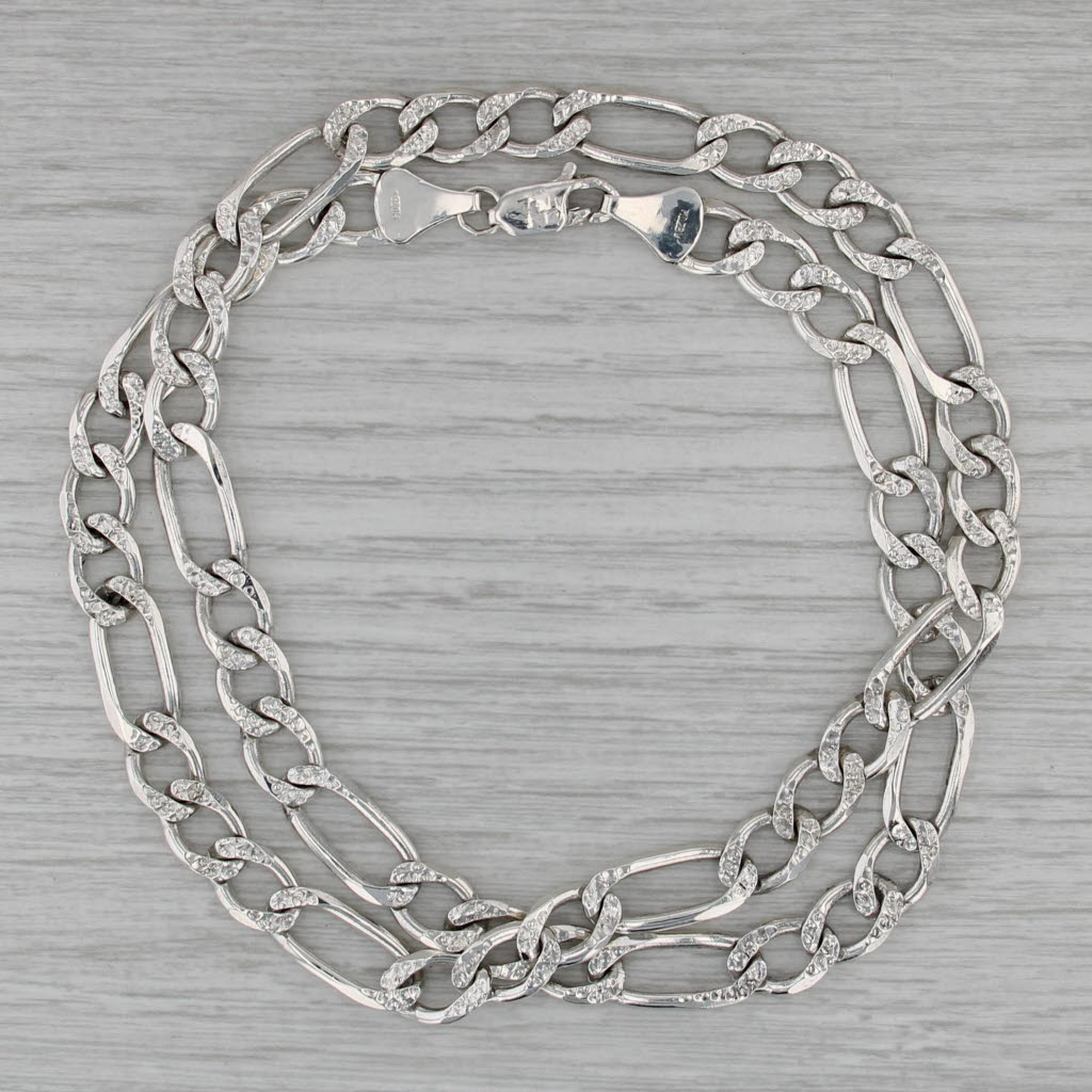 22" Figaro Chain Necklace Sterling Silver 8.3mm Etched Accents