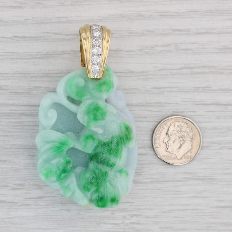 Gray Green Jadeite Jade Carved Animal Pendant 0.50ctw Diamond 18k Gold Statement