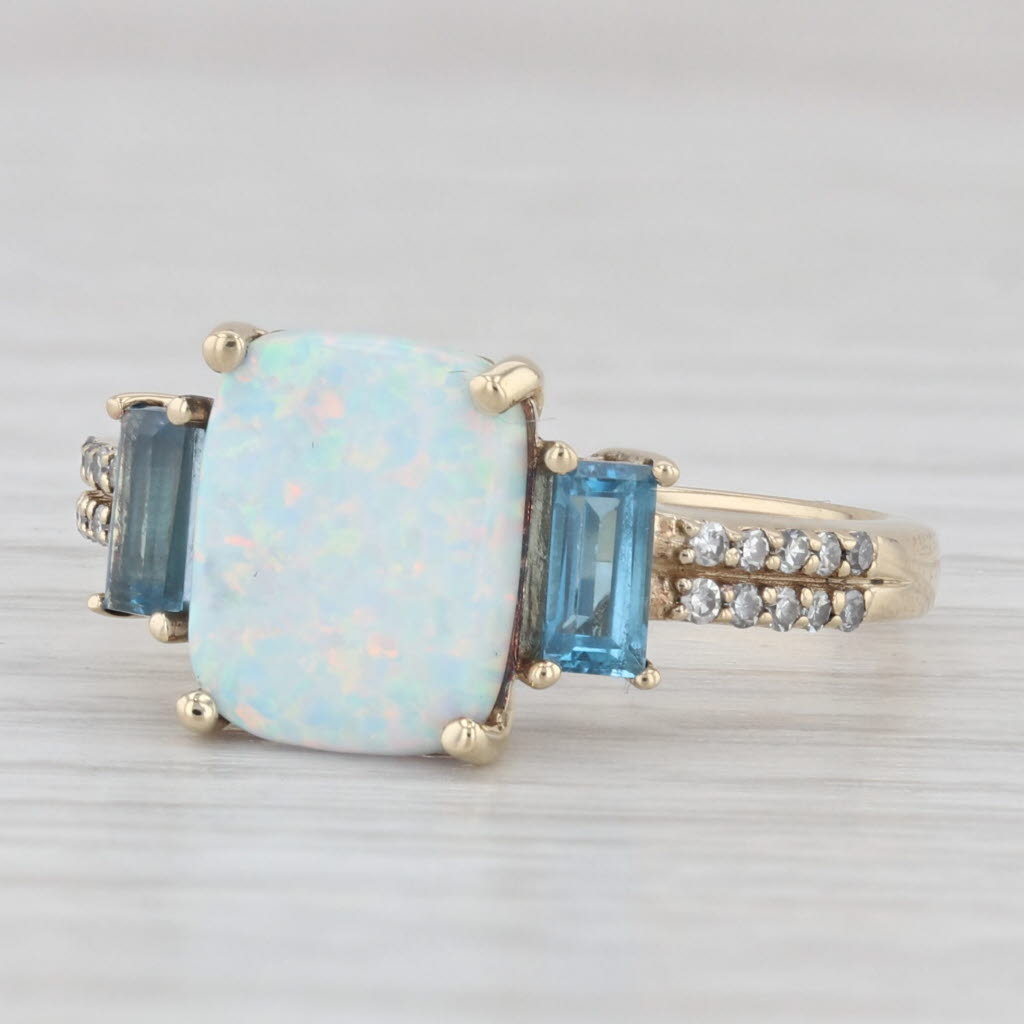 Light Gray Lab Created Opal Blue Topaz Diamond Ring 10k Yellow Gold Size 7