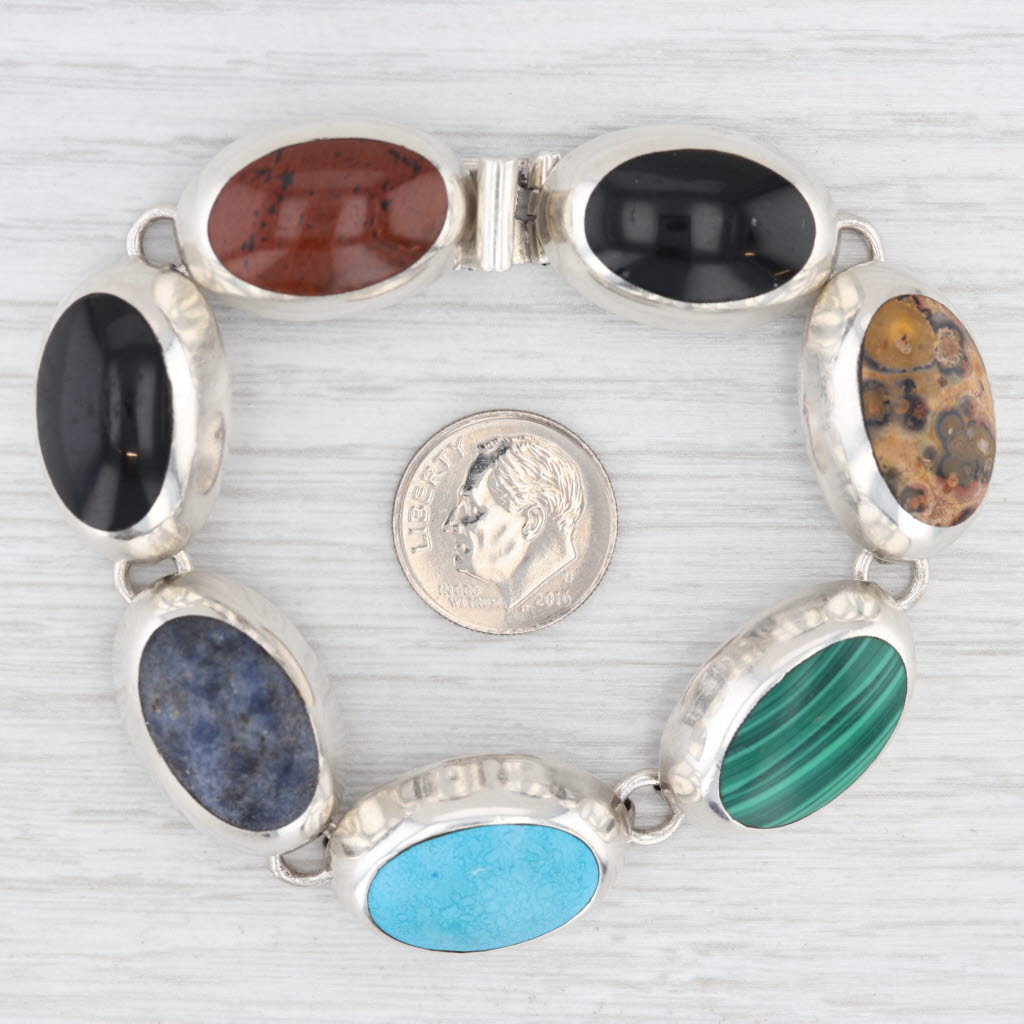 Light Gray Multi-stone Cabochon Oval Link Bracelet Sterling Silver 7" 16.2mm