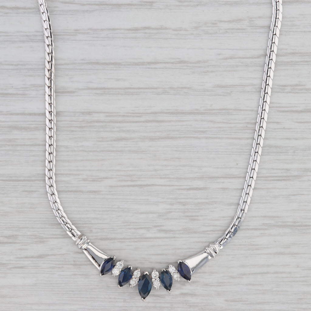 Gray 1.34ctw Blue Sapphire Diamond Necklace 14 White Gold 16.75" Herringbone Chain