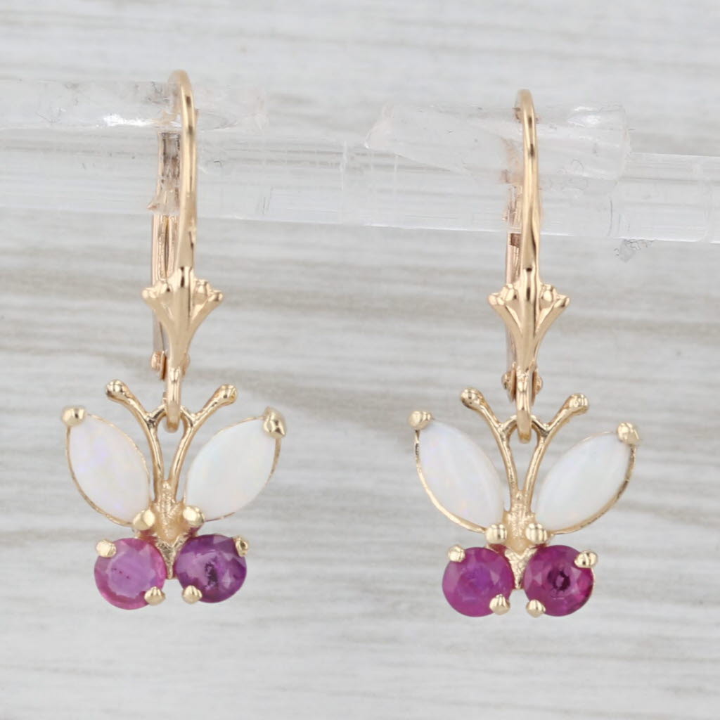Light Gray Opal Ruby Butterfly Dangle Earrings 14k Yellow Gold Lever Backs