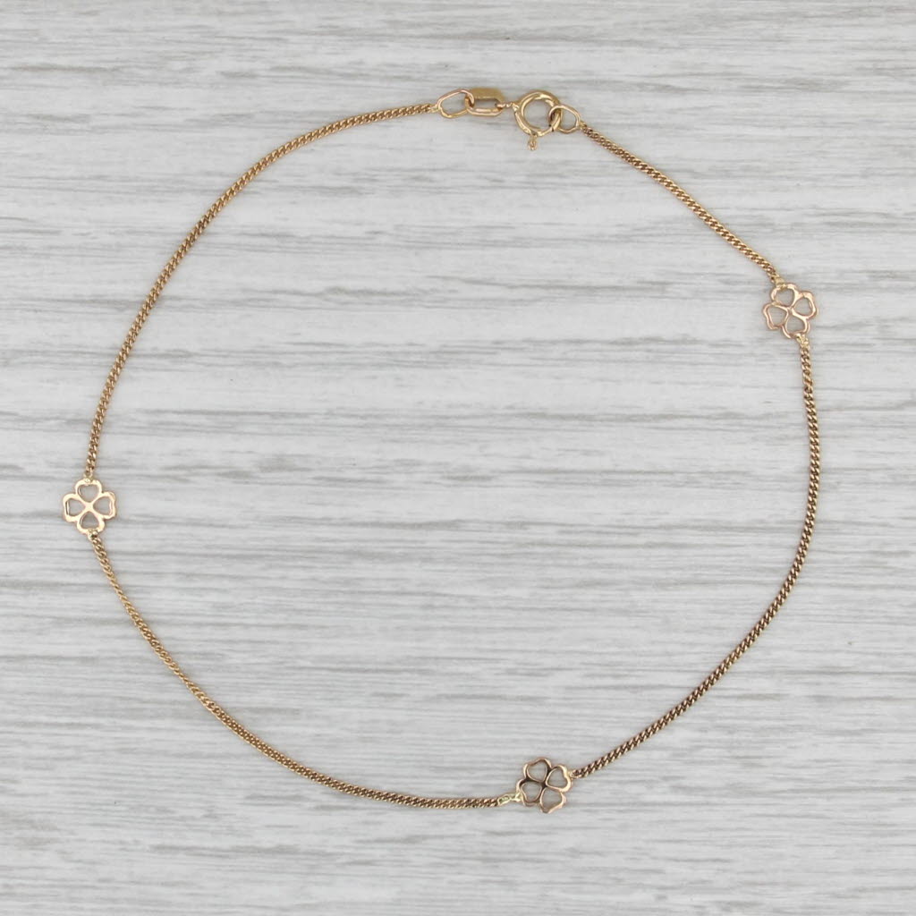 Clover Flower Station Ankle Bracelet 14k Yellow Gold 9" Anklet Curb Chain