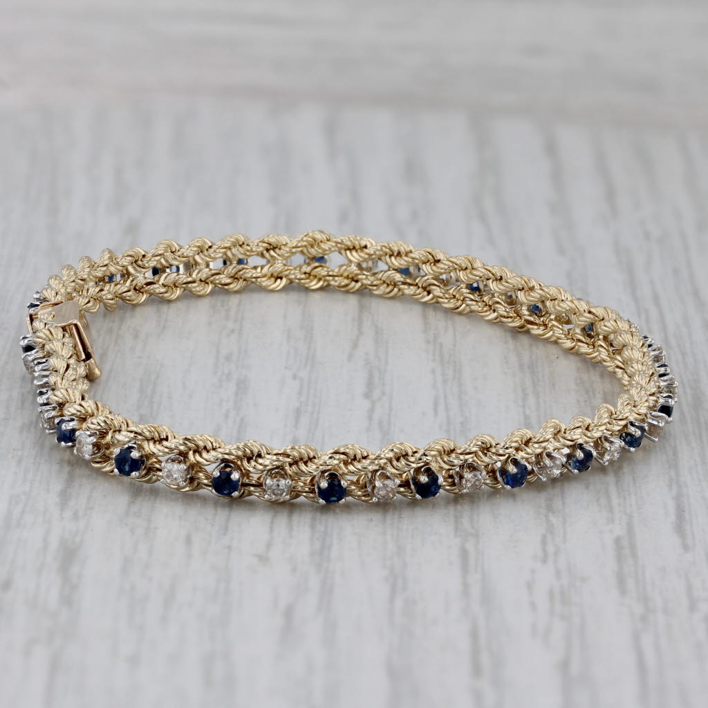 Gray 1.92ctw Blue Sapphire Diamond Tennis Bracelet 14k Yellow Gold 6.5" Rope Chain