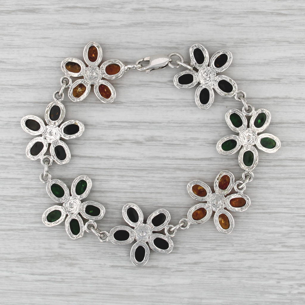 7.25" Amber Flower Link Bracelet Sterling Silver Floral Statement