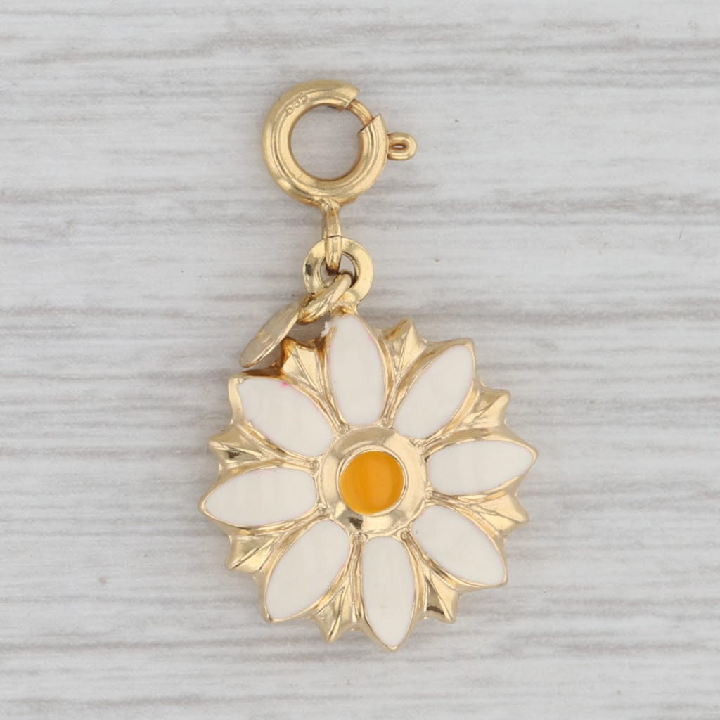 Gray Flower Charm 14k Yellow Gold Enamel Floral Pendant