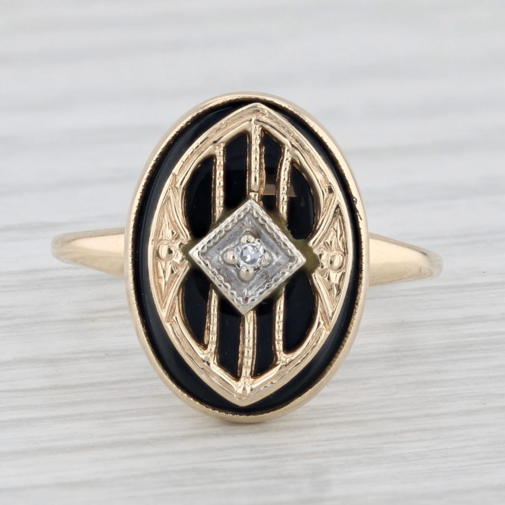 Light Gray Vintage Onyx Signet Ring 10k Yellow Gold Diamond Accent