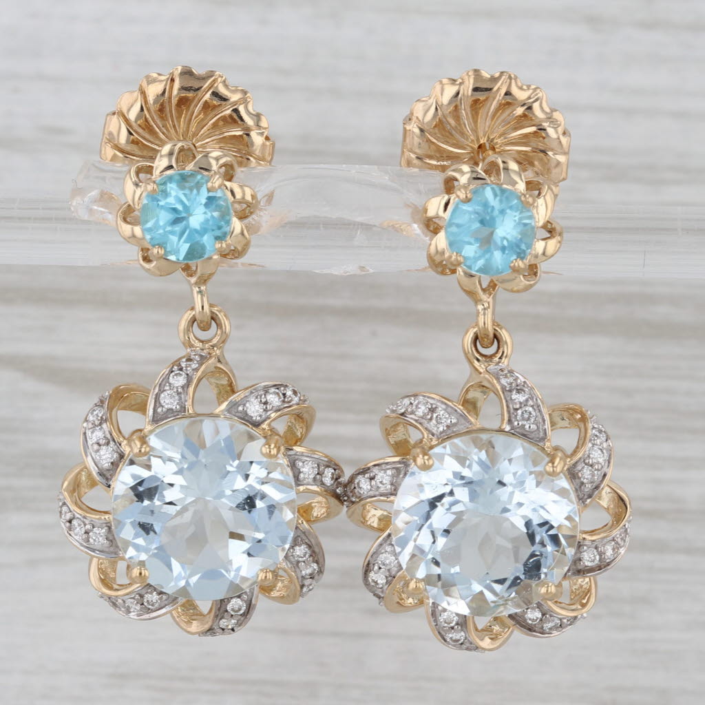 7.57ctw Aquamarine Apatite Diamond Dangle Earrings 14k Yellow Gold Drops