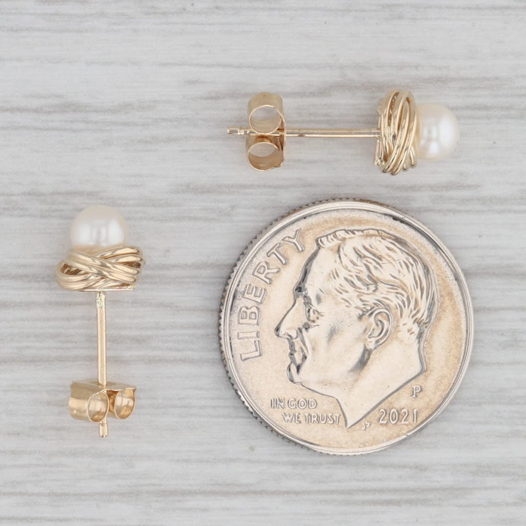 Gray Round White Cultured Pearl Knot Stud Earrings 14k Yellow Gold