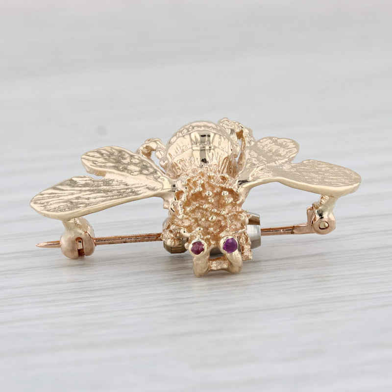 Light Gray Ruby Bumble Bee Brooch 14k Yellow Gold Insect Pin