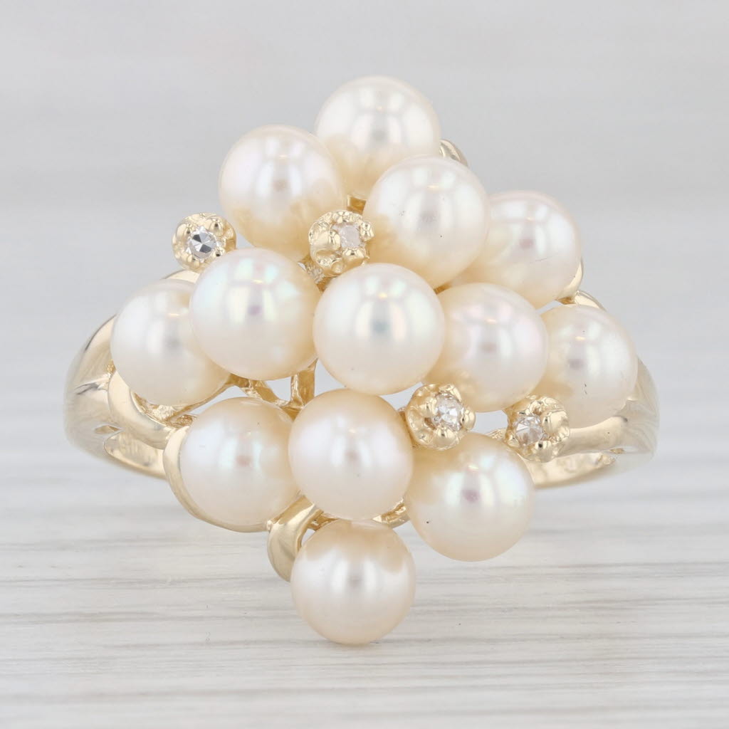 Light Gray Cultured Pearl Diamond Cluster Ring 14k Yellow Gold Size 9.25 Cocktail