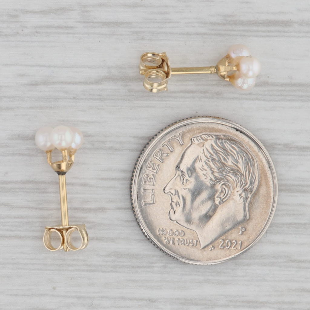 Gray 3-Stone Cluster Cultured Pearl Stud Earrings 10k Yellow Gold