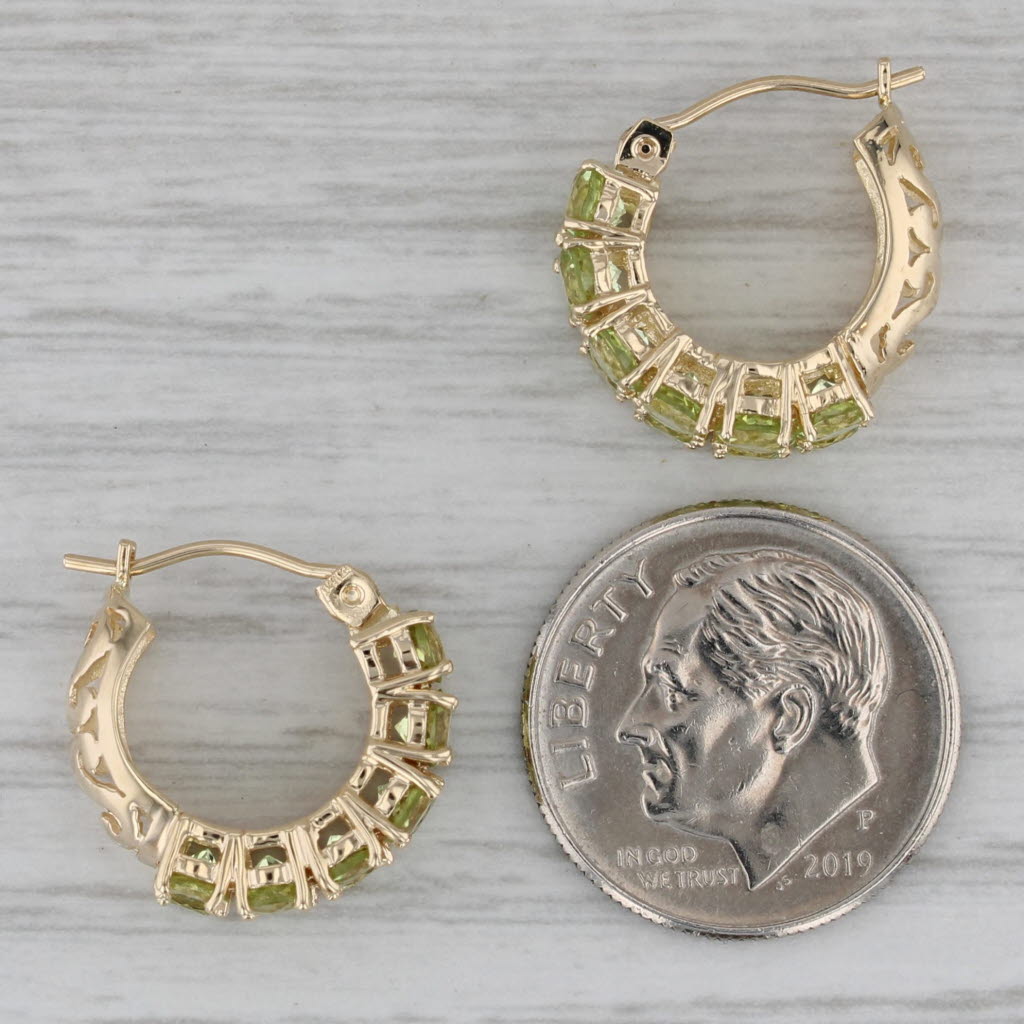 Dark Gray 3.15ctw Peridot Hoop Earrings 14k Yellow Gold Snap Top Round Hoops