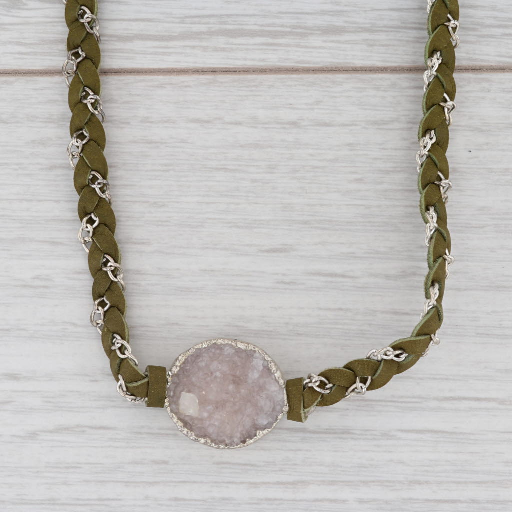 New Nina Wynn Cordelia Woven Necklace White Druzy Quartz Pendant Green Leather