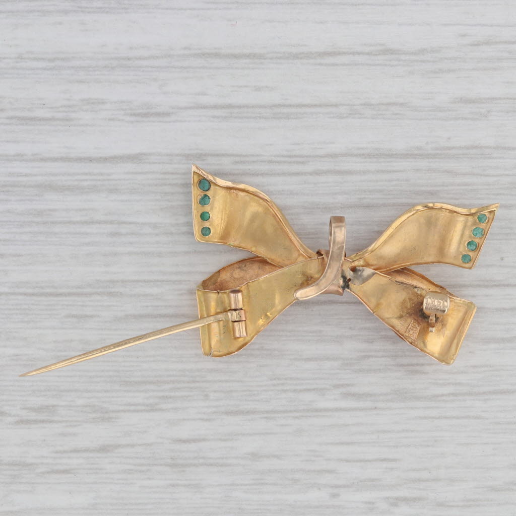 Gray Antique Bow Brooch 14k Yellow Gold 0.15ctw Emerald 1800s Pin