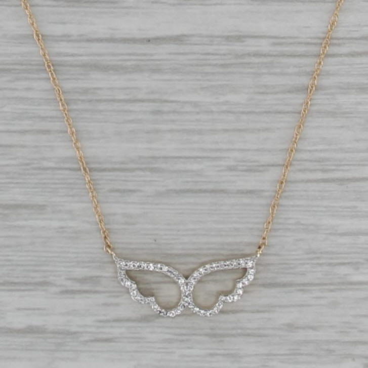 New 0.07ctw Diamond Wings Stationary Pendant Necklace 14k Gold 18" Rope Chain