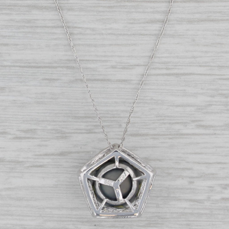 Cultured Black Pearl 0.30ctw Diamond Halo Pendant Necklace 14k White Gold