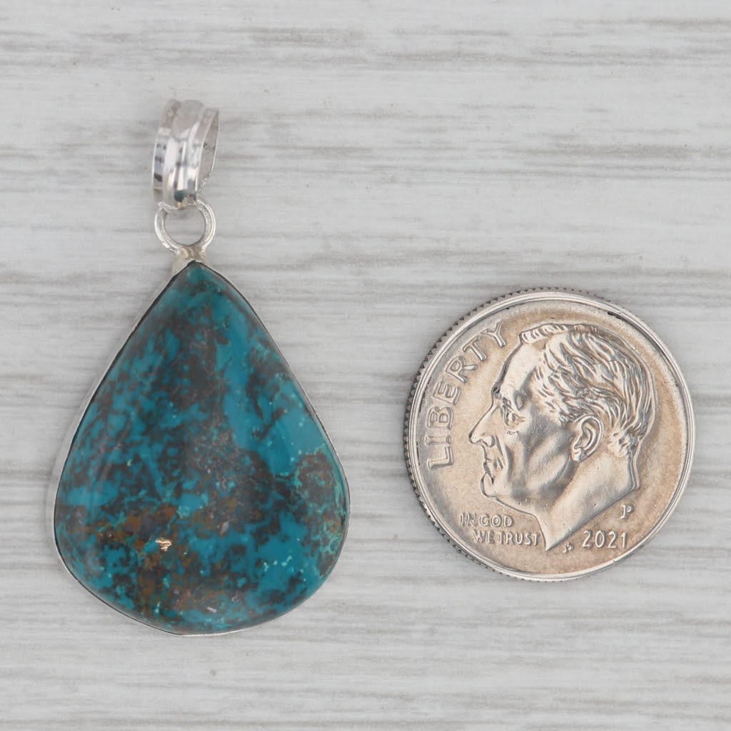 Gray Teal Chrysocolla Teardrop Pendant Sterling Silver Pear Cabochon