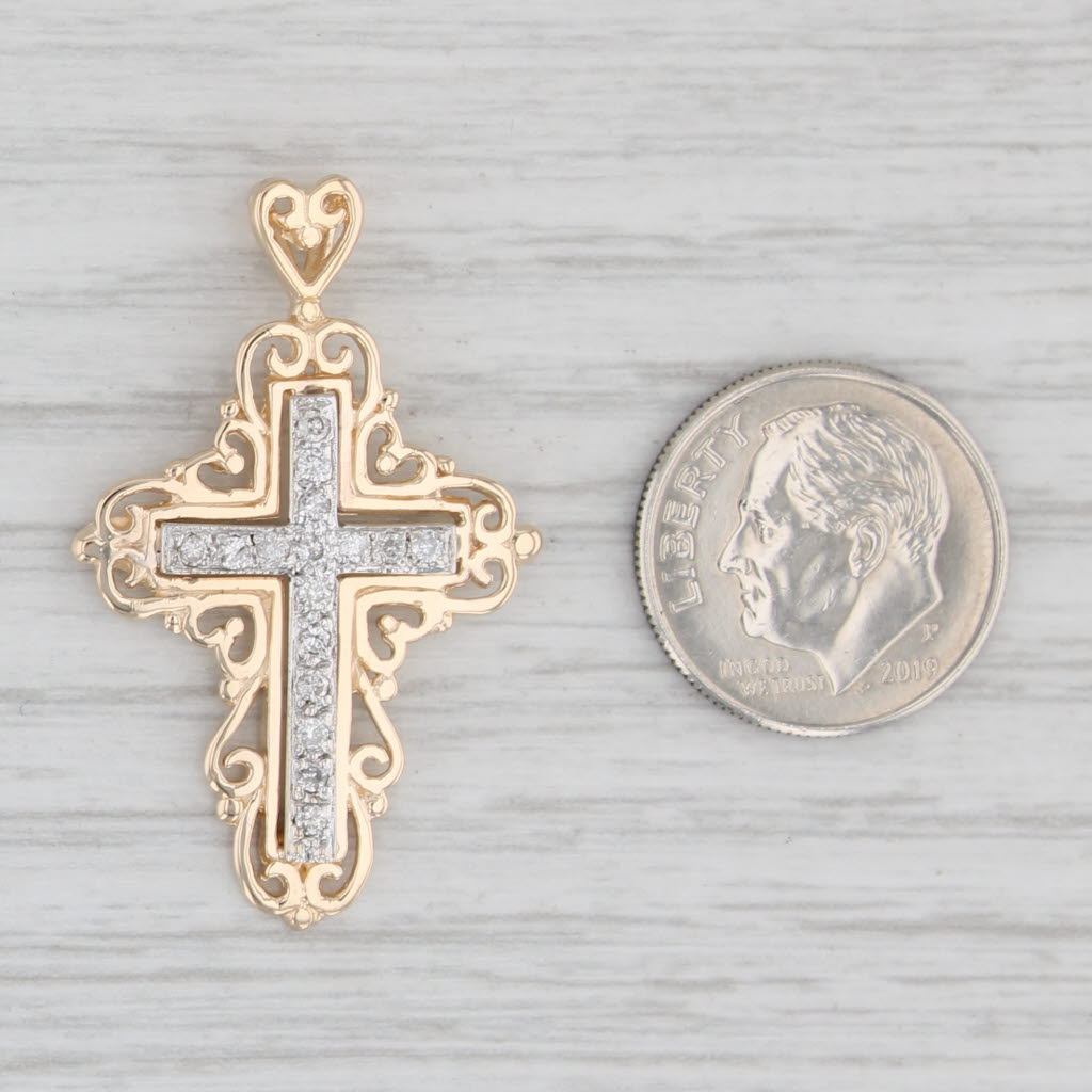 Light Gray 0.24ctw Diamond Ornate Cross Pendant Heart Bail 14k Gold Religious Jewelry