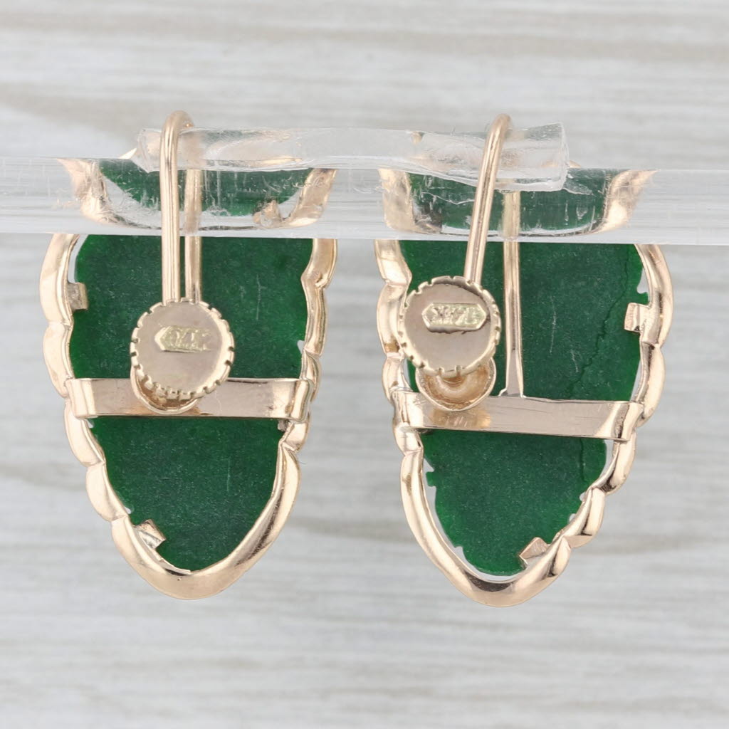 Carved Green Jade Earrings 14k Yellow Gold Vintage Screw Back Non Pierced