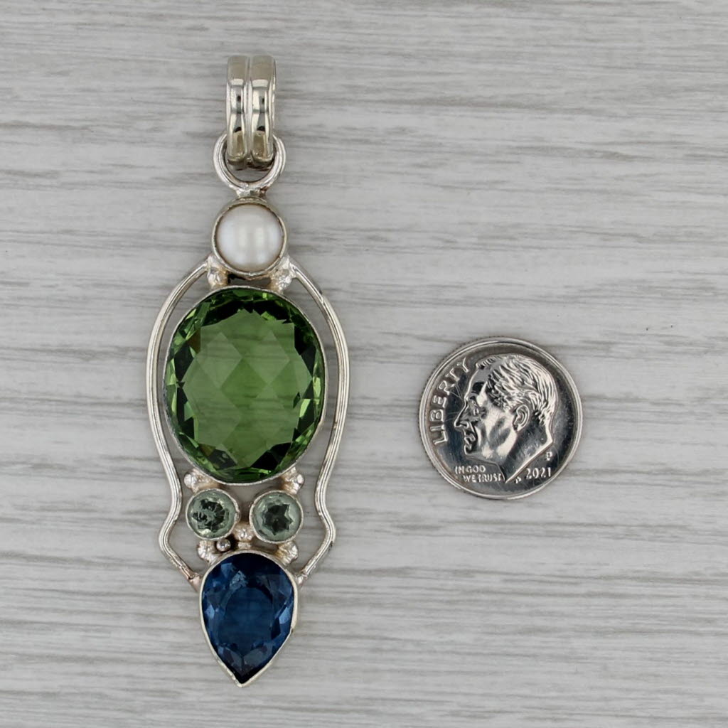 Cultured Pearl Blue Green Glass Statement Pendant Sterling Silver Large Drop