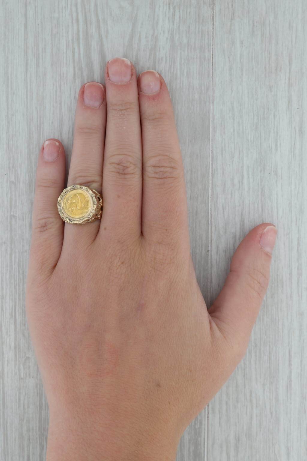 Dark Gray 1987 Authentic Chinese Panda Coin Ring 14k 24k Yellow Gold Sz 6.75 5 Yuan 1/20oz