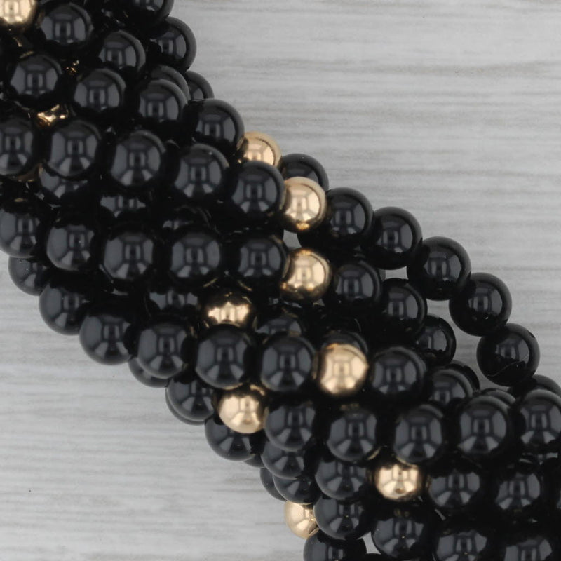 Woven Onyx Bead Statement Necklace Diamond Bow Pendant Brooch 14k Gold 15.5"