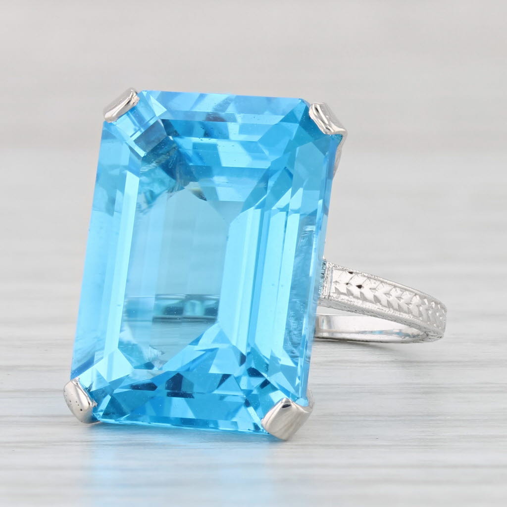 Light Gray Vintage 19.70ct Blue Topaz Ring 18k White Gold Size 4.5 Emerald Cut Solitaire