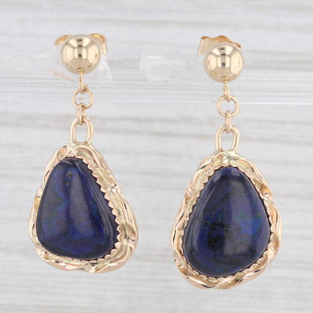 Light Gray Blue Azurite Dangle Earrings 14k Yellow Gold Artisan Signed