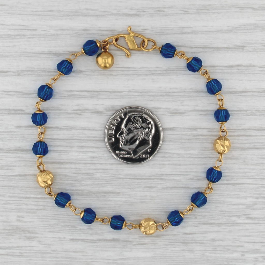 Blue Glass Bead Bracelet w/ Ball Charm 916 Yellow Gold 7.25" Hook Clasp