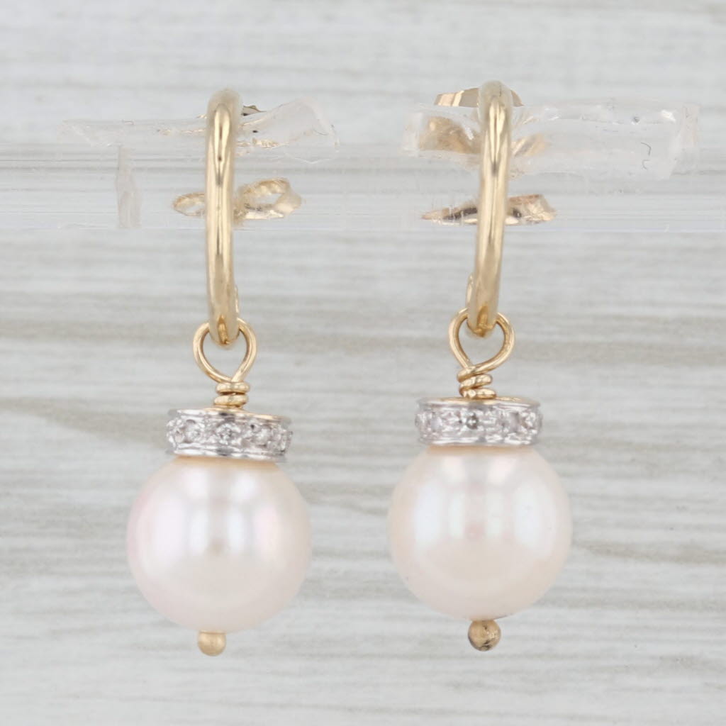 Light Gray Cultured Pearl Diamond Dangle Charms Hoop Earrings 14k Yellow Gold Convertible