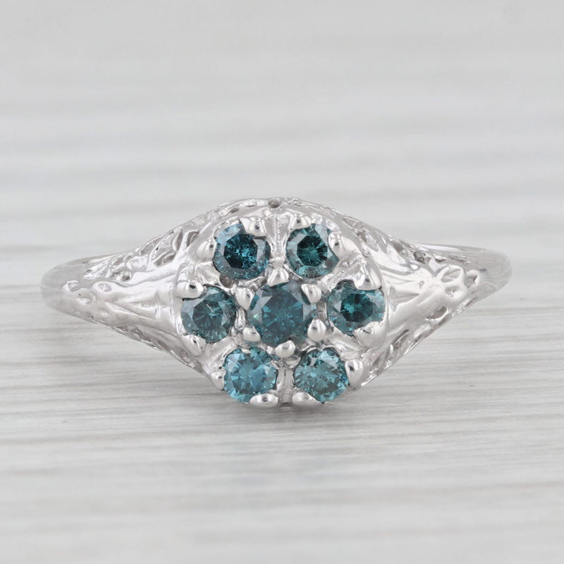 0.25ctw Blue Diamond Cluster Flower Ring 10k White Gold Size 6 Floral Openwork
