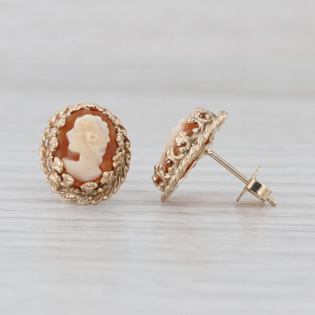 Vintage Carved Shell Cameo Stud Earrings 14k Yellow old Ornate Figural Studs