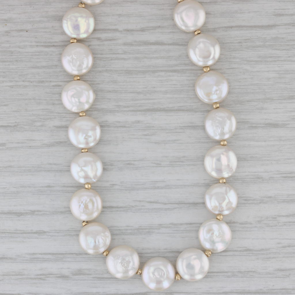 Gray Freshwater Coin Pearl Single Strand Bead Necklace 14k Yellow Gold 18"