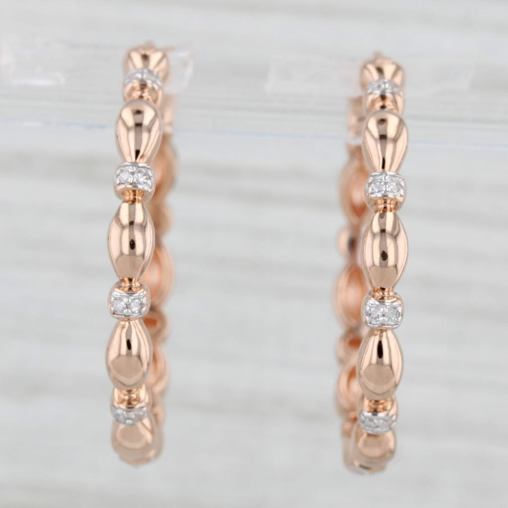 Light Gray New Beveled Diamond Hoop Earrings 10k Rose Gold Snap Top Round Hoops