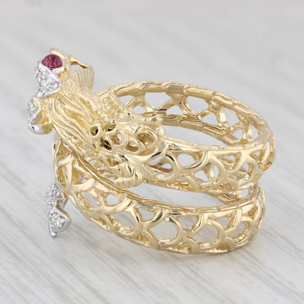 Gray John Hardy Coiling Naga Dragon Ring Ruby Diamond 18k Yellow Gold Size 7