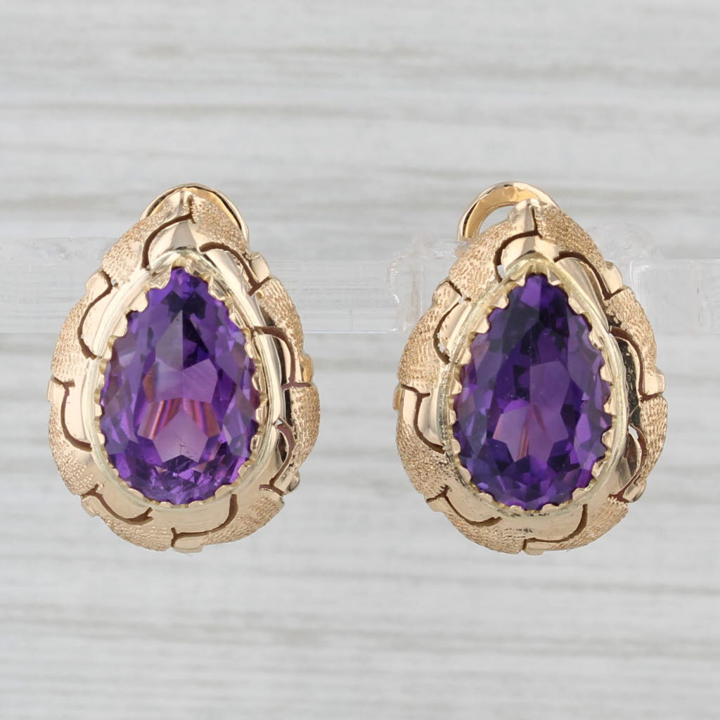 Light Gray 8.3ctw Pear Amethyst Solitaire Large Teardrop 14K Yellow Gold Earrings