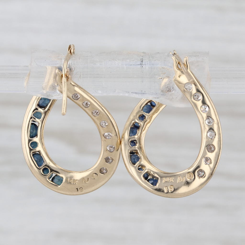 1.04ctw Blue Sapphire Diamond Hoop Earrings 14k Yellow Gold Snap Top Hoops