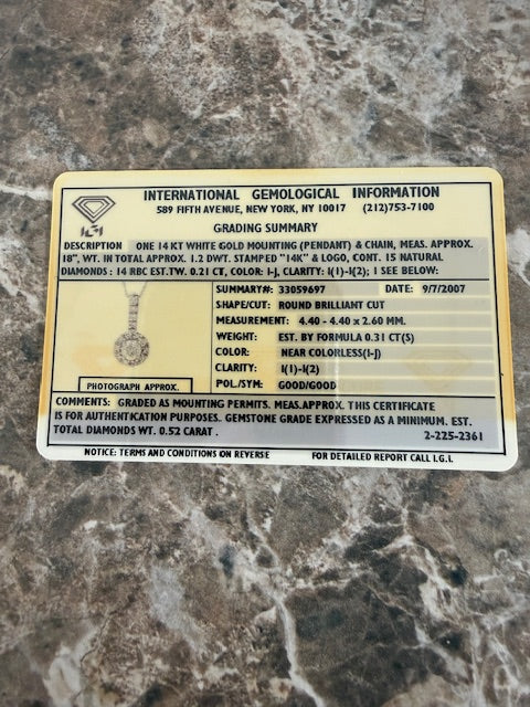 0.51ctw IGI Diamond Halo Pendant Necklace 14k White Gold Wheat Chain