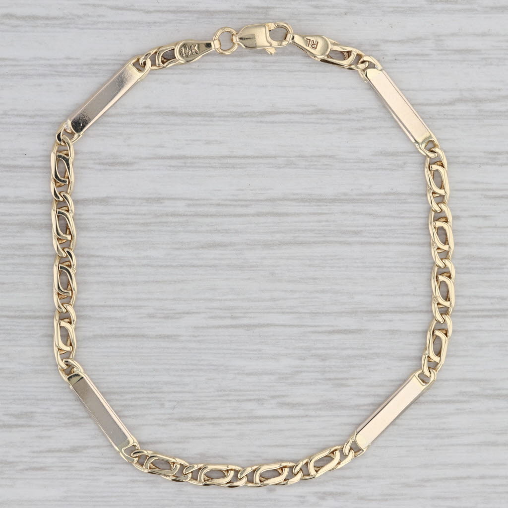 Gray 7" Bracelet 14k Yellow Gold Bar Curb Chain Lobster Clasp 3.2mm