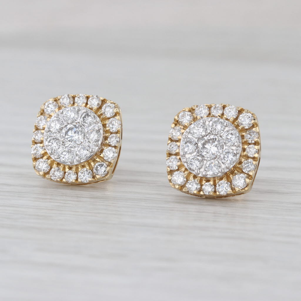 1.65ctw Diamond Cluster Halo Stud Earrings 14k Yellow Gold Screw Back Studs