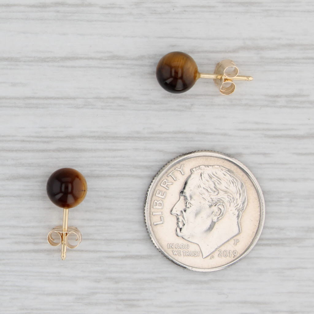 Light Gray Brown Tiger's Eye Stud Earrings 10k Yellow Gold