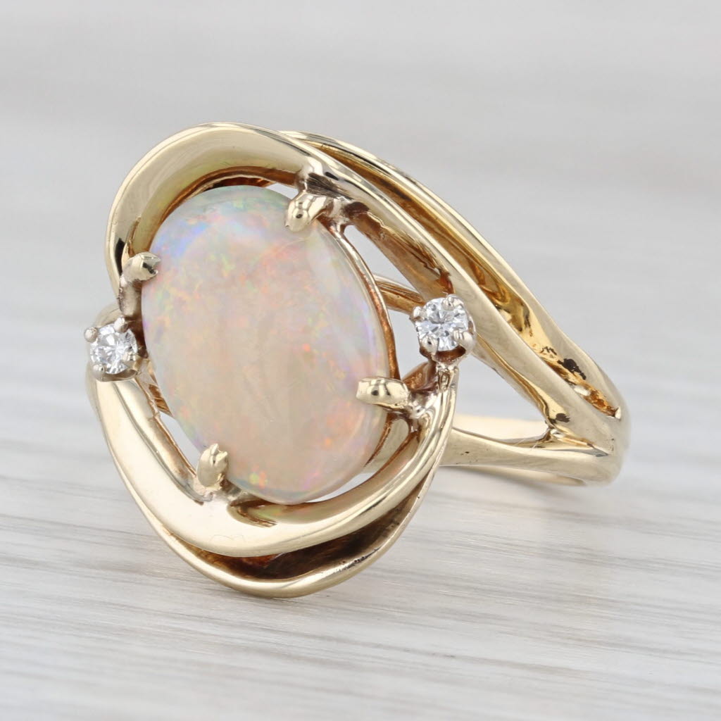 Oval Cabochon Opal Diamond Ring 14k Yellow Gold Bypass Size 8