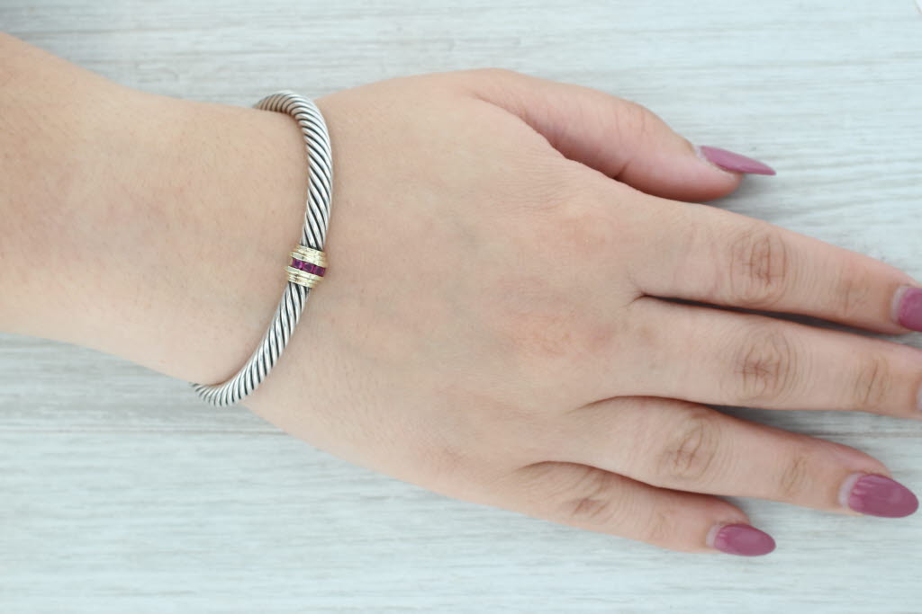 Gray David Yurman 0.16ctw Ruby 5mm Cable Cuff Bracelet Sterling Silver 14k Gold 6.5"